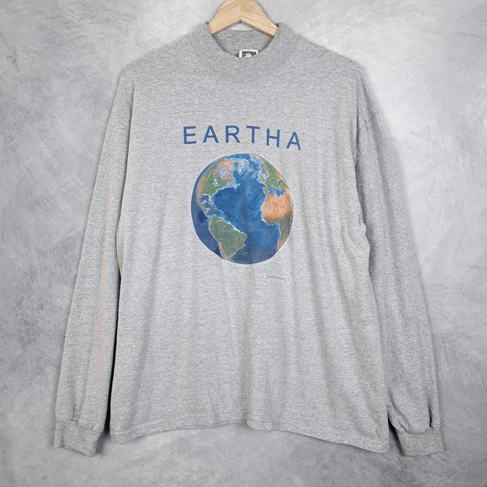 Vintage Cotton Deluxe EARTHA Shirt Mens Large Gray Mock Neck Globe 2000 Y2K